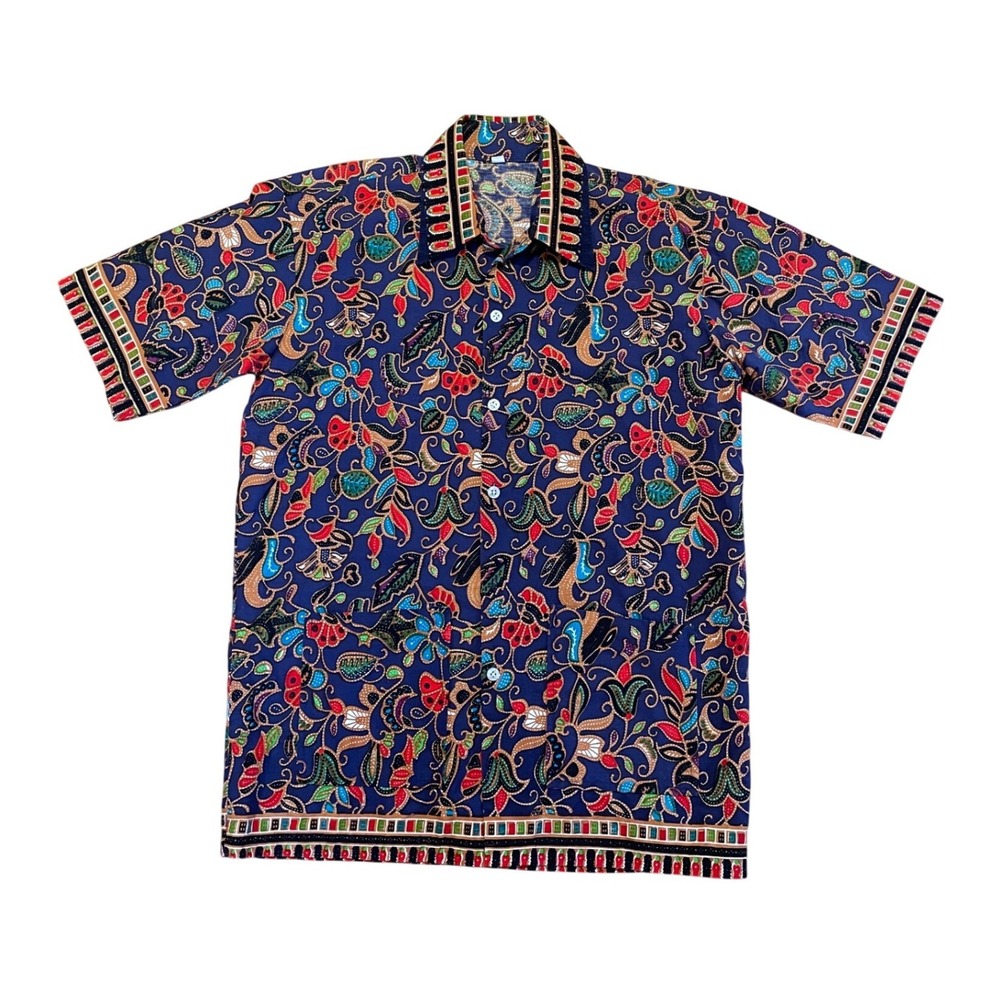 Camp Shirt Vintage 90s Batik Print Navy Multicolor Resort Medium Cotton